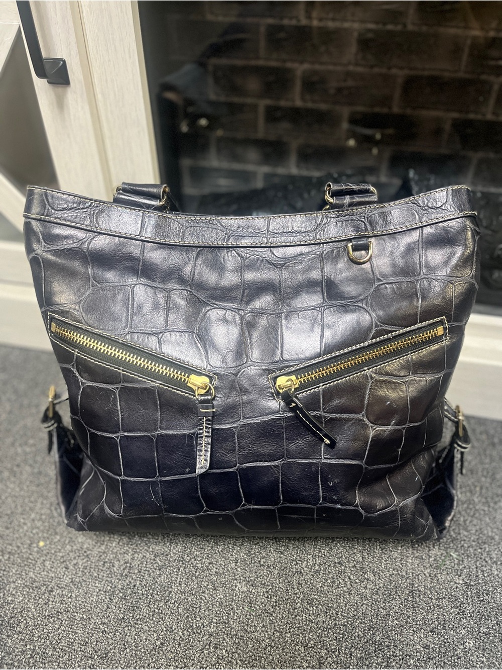 Dooney & Bourke dark navy Croc-Embossed Shoulder Bag with Gold Hardware